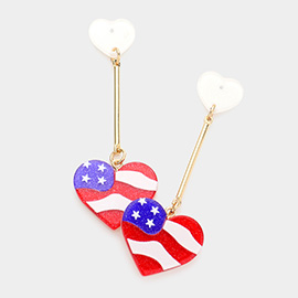 American USA Flag Glittered Resin Heart Link Dangle Earrings