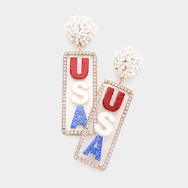 Seed Beaded Dome American USA Flag Glittered Resin Message Link Dangle Earrings