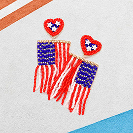 Felt Back Heart American USA Flag Seed Bead Fringe Dangle Earrings