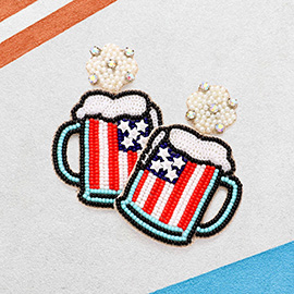Felt Back Pearl Cluster Quatrefoil American USA Flag Beer Link Dangle Earrings