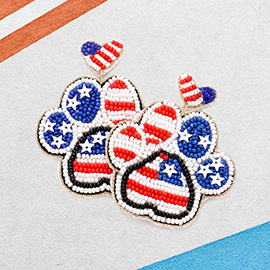 Felt Back Seed Beaded Heart American USA Flag Paw Link Dangle Earrings