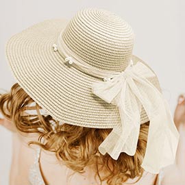 Pearl Embellished Ribbon Band Straw Sun Hat