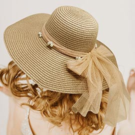 Pearl Embellished Ribbon Band Straw Sun Hat