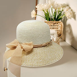 Open Metal Link Ribbon Band Two Tone Straw Sun Hat