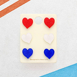 3Pairs - American USA Flag Glittered Resin Heart Stud Earrings