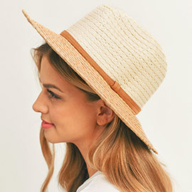 Faux Suede Double Band Two Tone Straw Sun Hat