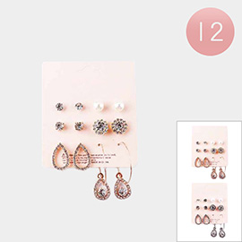 12 Set of 6 - Round Stone Pearl Teardrop Earrings