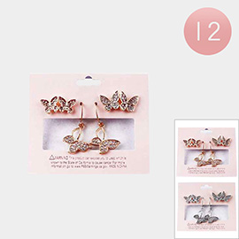 12 Set of 3 - Rhinestone Embellished Butterfly Earrings