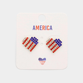 American USA Flag Rhinestone Heart Stud Earrings