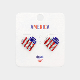 American USA Flag Rhinestone Heart Stud Earrings