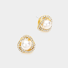 Pearl Accented Rhinestone Embellished Knot Stud Earrings