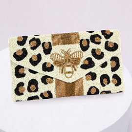 Honey Bee Accented Animal Patterned Seed Beaded Clutch / Crossbody Bag