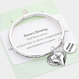 Nurse's Blessing Rhinestone Embellished Heart Wings Charm Message Stretch Bracelet
