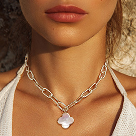 White Gold Dipped Mother of Pearl Quatrefoil Pendant Necklace