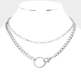 Open Metal Circle Accented Double Layered Necklace