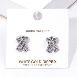 White Gold Dipped CZ Pink Ribbon Stud Earrings