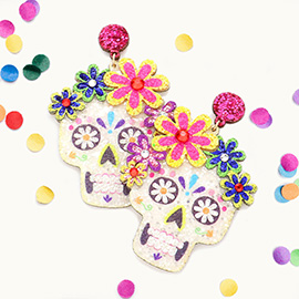 Glittered Flower Skull Dangle Earrings