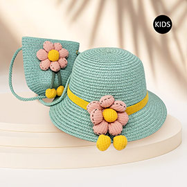 2PCS - Flower Accented Straw Kids Sun Hat Crossbody Bag Set