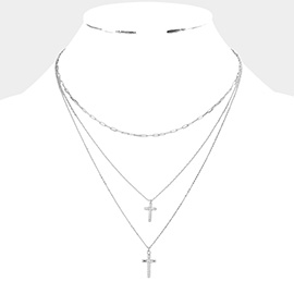 CZ Cross Pendant Triple Layered Necklace