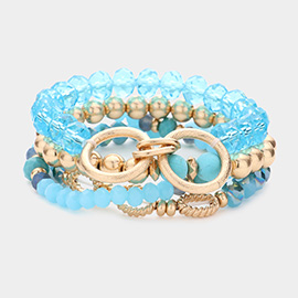 4PCS - Semi Precious Stone Pointed Double Open Metal Circle Link Faceted Beaded Stretch Bracelets