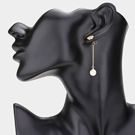 CZ Embellished Brass Metal Round Pearl Dangle Earrings