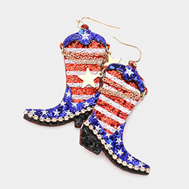 American USA Flag Glittered Western Boots Dangle Earrings