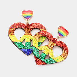 Peace Sign Detailed Rainbow Glittered Heart Dangle Earrings