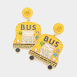 Stone Seed Bead Embellished School Bus Dangle Earrings