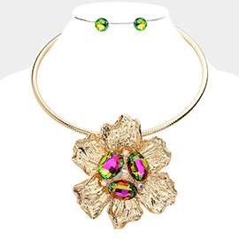 Oval Stone Accented Flower Evening Choker Necklace