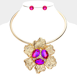 Oval Stone Accented Flower Evening Choker Necklace