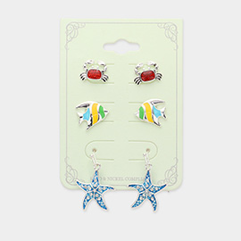 3Pairs - Crab Fish Starfish Earrings