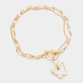Mother of Pearl Butterfly Charm Pearl Link Toggle Bracelet