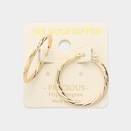 14K Gold Dipped 1.25 Inch Textured Hoop Pin Catch Earrings