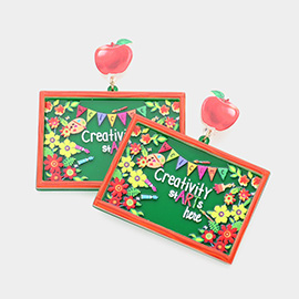 Resin Apple Creativity Starts Here Message Floral Chalkboard Link Dangle Earrings