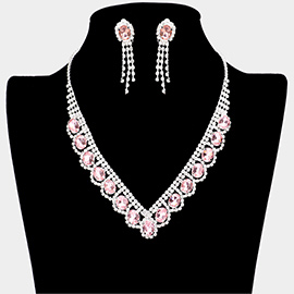 Oval Stone Accented V Shaped Rhinestone Necklace Clip on Earring Set