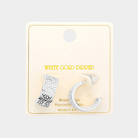 White Gold Dipped Floral Filigree Brass Metal Hoop Earrings