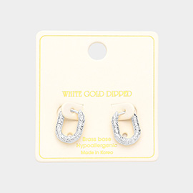 White Gold Dipped 0.6 Inch Textured Brass Metal Oval Huggie Hoop Earrings