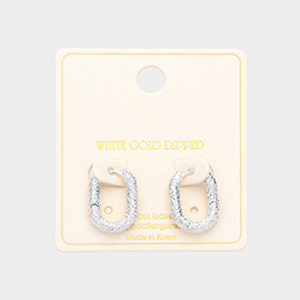 White Gold Dipped 0.75 Inch Textured Brass Metal Oval Huggie Hoop Earrings
