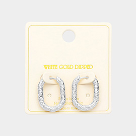 White Gold Dipped 0.8 Inch Textured Brass Metal Oval Huggie Hoop Earrings