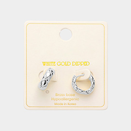 White Gold Dipped Brass Metal Patterned Huggie Hoop Earrings