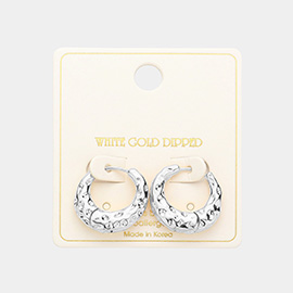 White Gold Dipped Brass Metal Textured Huggie Hoop Earrings