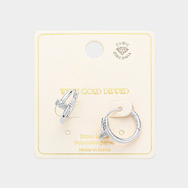White Gold Dipped Brass Metal CZ Nail Huggie Hoop Earrings