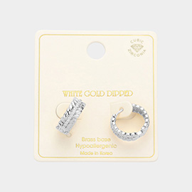White Gold Dipped Brass Metal CZ Leaf Huggie Hoop Earrings