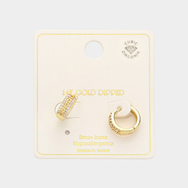 14K Gold Dipped Brass Metal CZ Pattern Detailed Huggie Hoop Earrings