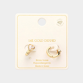14K Gold Dipped CZ Brass Metal Heart Accented Huggie Hoop Earrings