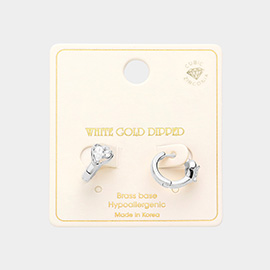 White Gold Dipped CZ Brass Metal Heart Accented Huggie Hoop Earrings