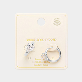 White Gold Dipped Brass Metal CZ Heart Accented Huggie Hoop Earrings