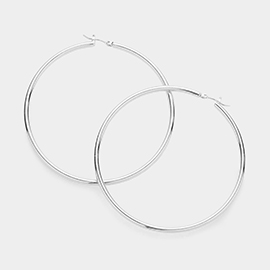 White Gold Dipped 2.7 Inch Brass Metal Hoop Pin Catch Earrings