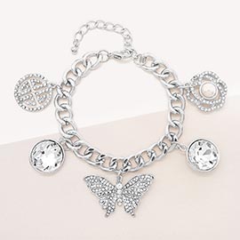 Greek Pattern Round Stone Butterfly Pearl Centered Flower Charm Station Bracelet