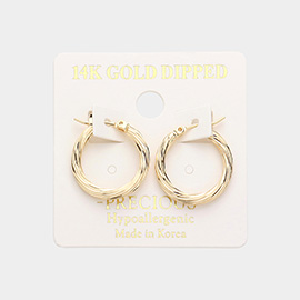 14K Gold Dipped 0.75 Inch Textured Hoop Pin Catch Earrings